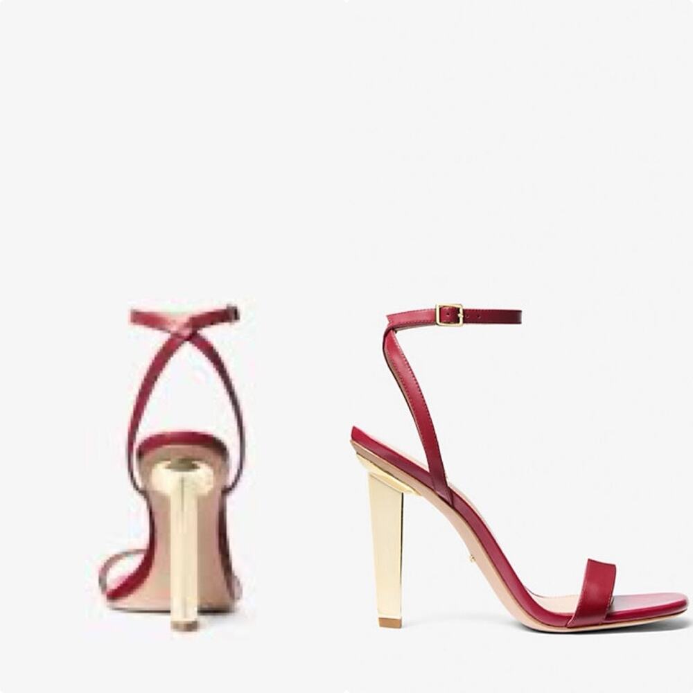 NIB Michael Kors Halle Sandal Red Leather with Buckle Strap Gold Heels Size 8.5